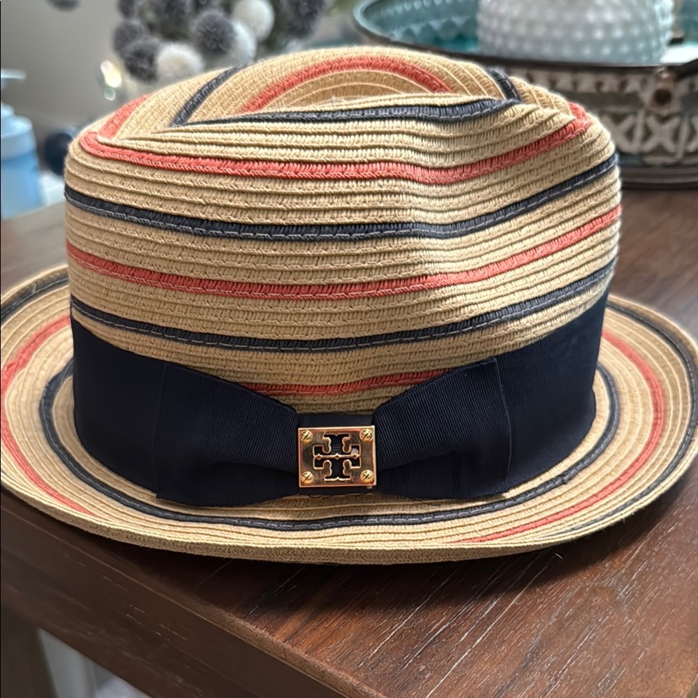 Tory Burch Striped Straw Fedora with Black Band